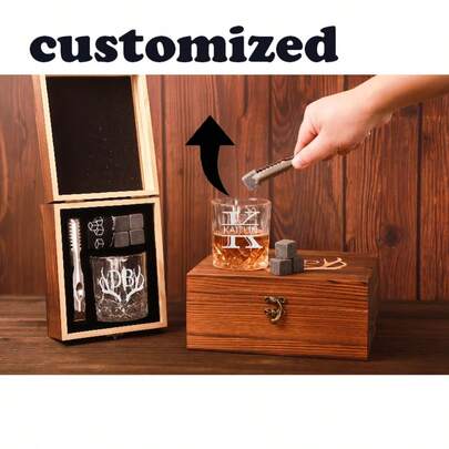 Customized Whiskey Glass Set With Wooden Box, Whiskey Stone Set, Groomsmen Gift, Best For Man Gift, Boyfriend Gift, Whiskey Gifts For Him Dad