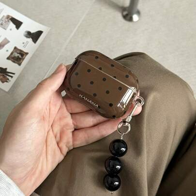 Retro Elegant Beige Polka Dot With Black Bead Pendant Earphone Case Suitable Compatible With Airpods Pro 2, Cute Minimalist Design Compatible With Airpods Pro, 4, New 3, 1/2 Generation For Women