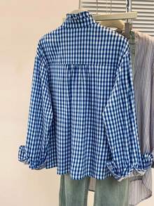 女士格子荷叶边V领衬衫，纽扣长袖格子衬衫，时尚百搭，适合办公室和居家穿着，适合秋、冬、春季穿着。 - 深藍色格子 - 查看 8