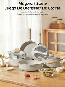 Juego de ollas antiadherentes de 9 piezas, de cerámica antiadherente, de granito. PFOA, plomo y cadmio. Ligero, de calentamiento rápido y uniforme, fácil de limpiar, ultrarresistente, con asas extraíbles de imitación de baquelita. Versátiles ollas de granito aptas para todo tipo de cocinas, incluyendo inducción, gas, eléctricas y vitrocerámica. Diseño apilable o encajable. Se guardan fácilmente en armarios o cajones. Ideales también para camping y viajes en autocaravana - Gris - Ver 3