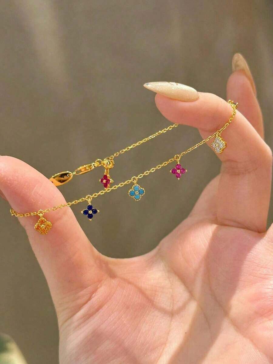 1 Pieza Pulsera de flor de cuatro hojas colorida y sencilla de plata de ley 925 o S925, joyería fina para mujer, regalo de novia, regalo de cumpleaños, regalo de cita