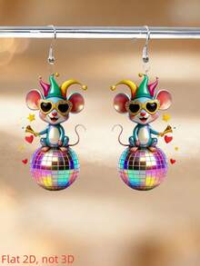 2D嘉年华主题耳环，迪斯科派对吊坠耳环，嘉年华老鼠造型，扁平亚克力材质，复古派对氛围节日创意设计，适合日常、派对、音乐节、嘉年华等场合，创意礼物 - 狂歡鼠 - 查看 2