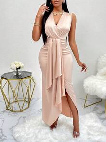 AIJ Amarilo 女士时尚无袖褶皱不对称下摆缎面裹身连衣裙，夏季派对 - 米色 - 查看 4