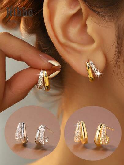 Hihho 1对时尚光滑圆形C形耳环，女士耳环，镶嵌精致闪亮锆石，耳骨夹式耳骨夹，日常佩戴的珠宝礼品