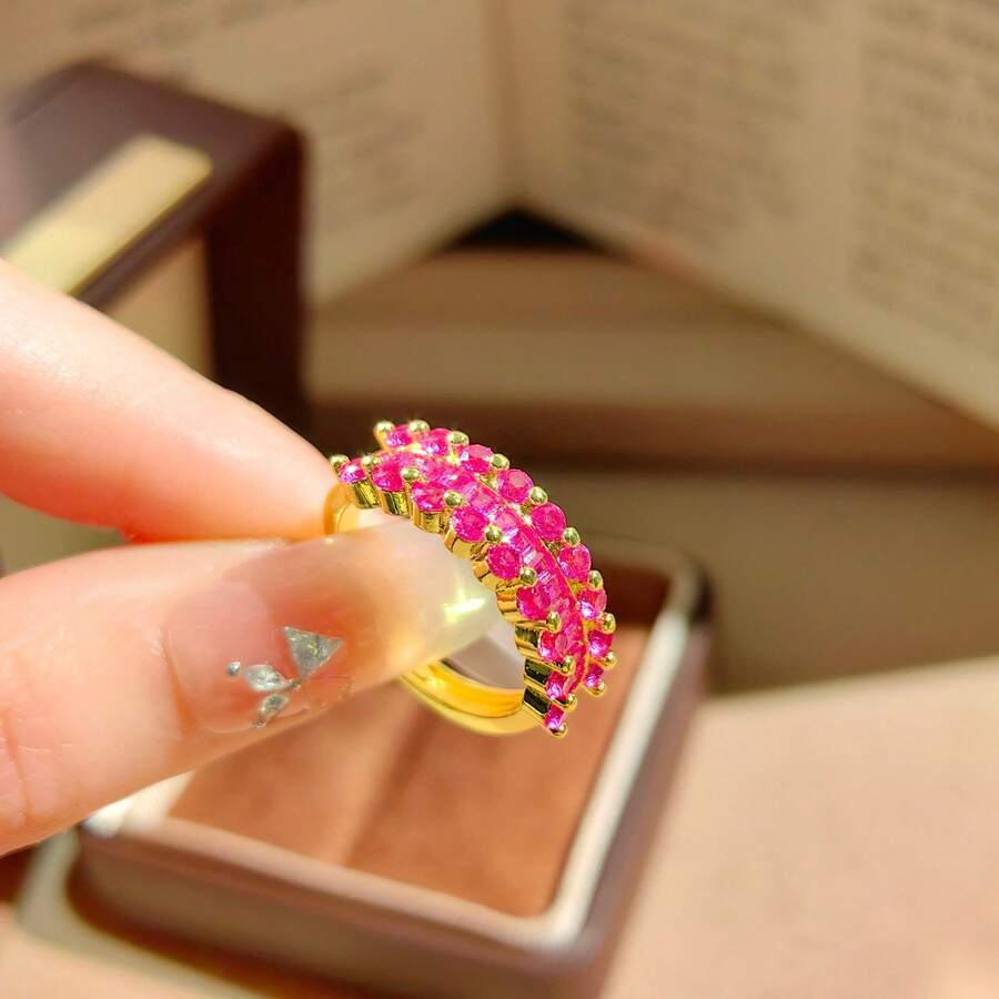 Women's Elegant Half Circle Zirconia Encrusted 18K Gold Plated Lace Starry Sky Ring - Red - View 1