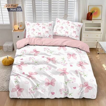 三件套（1个拉链被套+2个枕套，不含枕芯），甜美可爱的粉色蝴蝶结图案印花套装。数码印花，100%聚酯纤维，柔软亲肤，透气舒适，四季皆宜。多种尺寸和加大尺寸可选，满足不同需求，适合所有人及房间。拉链封口，可机洗，是卧室装饰的理想之选，也是馈赠佳品。