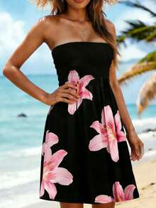 Đầm mùa hè nữ kiểu áo ống cúp ngực phối hoa, áo khoác ngoài đi biển thanh lịch màu đen. - màu đen - Xem 6