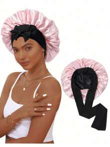 1pc Satin Bonnet, Silk Sleep Cap, Double Layer Hair Cap With Elastic Band, Suitable For Curly Hair Sleeping Cap - Aa - View 2