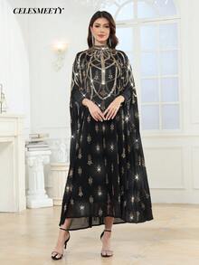 Luxury Women's Royal Black & Gold High Collar Sequin Embroidered Arabic Abaya Cloak Dress, Suitable For Parties, Weddings, Family Gatherings - Black - View 4