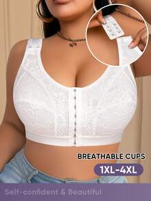 MEIYATING Plus Size Women Front Closure Floral Lace Adjustable Strap Minimizer Wireless Bra - White - View 7