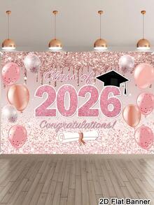 1pc Graduation Banner Background, Class Of 2026 Congrats Grad Pattern Backdrop, Pink Gold Background Cloth, Indoor Outdoor Wall Decor, Graduation Decorations 2026 High School College Party Supplies, Room Home Decor - Pink Gold - View 2