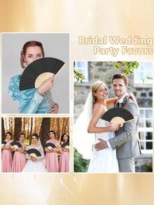 3/15/30件套黑色纸折扇，竹柄折叠扇，优雅女士便携式手扇，夏季黑色婚礼小礼盒套装，含黑色领结和透明收纳袋，适合新娘送礼会、生日派对、伴娘拍照道具、婚礼装饰、情人节礼物和活动派对用品。 - 黑色 - 查看 6