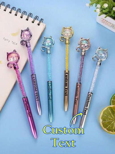 1-200pcs Customized Ballpoint Pen With Crystal Cat & Heart Rhinestone Decor, Rotatable Metal Ballpoint Pen, Suitable For Office, School, Students, Gifts, Parties, Office Decor, Personalized Birthday & Holiday Gifts, Multiple Colors Available