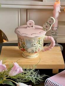 1 pièce Tasse en céramique avec couvercle et cuillère, décorée à la main avec un cygne, un lapin et une fée. Tasse à café latte artistique de style vintage français avec couvercle et cuillère. Tasse à avoine rétro pour le petit-déjeuner. Cadeau de haute qualité pour les amis et les amoureux. Convient pour les restaurants, les salons et les cafés. - Multicolore - Voir 8