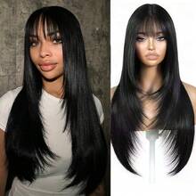 26inch Layered Wig Bangs Black Wig With Bangs Long Black Wig For Women Synthetic Heat-Resistant Hair Layered Style Hair For Daily And Party Use - 黑色 - 查看 1