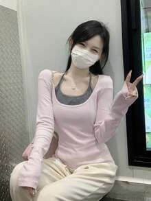 极简性感方领拼接仿两件式长袖打底衫 - 粉色 - 查看 8