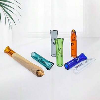 5 piezas de filtros de cigarrillo de vidrio reutilizables y de colores, boquilla plana para una limpieza fácil (color aleatorio), accesorios para fumar con contenedor portátil