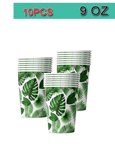 10PCS Tropical Paper Tray 7 "/9" Palm Leaf Tray Tropical Party Supplies, Hawaiian Party Tray Jungle Palm Leaf Tray Disposable Paper Food Tray 9OZ Cup And Napkin Shower Hawaiian Banquet Supplies