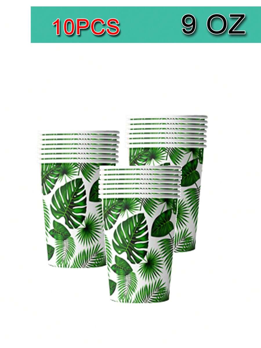 10PCS Tropical Paper Tray 7 "/9" Palm Leaf Tray Tropical Party Supplies, Hawaiian Party Tray Jungle Palm Leaf Tray Disposable Paper Food Tray 9OZ Cup And Napkin Shower Hawaiian Banquet Supplies - Multicolor - View 1