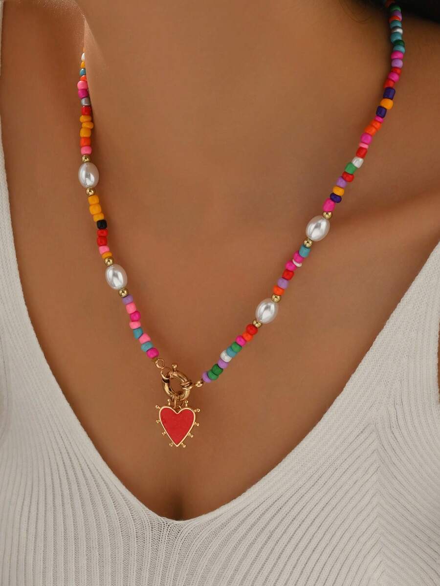 1条手工制作的多色串珠项链，配红色心形吊坠，适合女性日常佩戴、海滩、派对、母亲节礼物 - 彩色 - 查看 1
