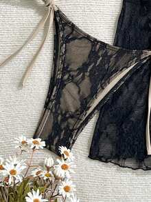 三件套性感黑色蕾丝休闲泳衣套装，女士吊带比基尼上衣，侧系带泳裤搭配沙滩裙，高弹力面料，适合度假休闲，优质夏季泳装套装 - 黑色 - 查看 9