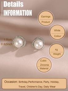 1 par de Brincos Elegantes de Estilo Coreano com Flor e Pérola Falsa, Design com Zircônia Cúbica, Joia de Amizade para Uso Diário e Festivais, Presente para Meninas/Adolescentes - Prata - Visão 3