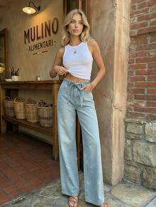 2026 Nuevos Jeans de pierna ancha casuales y holgados con adornos de rhinestone para primavera/otoño - Celeste - Ver 4