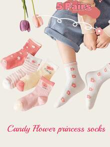 5双女童可爱中筒袜，甜美粉色，适合春季、秋季及所有季节 - 彩色 - 查看 3