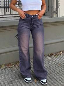 Women's Casual Washed Loose Straight Leg Jeans - Purple - View 3