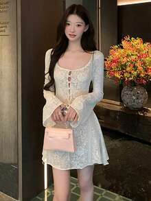 Elegant Flare Sleeve Hollow Lace Embroidery Long Sleeve Waist Cinched Midi Dress, Fitted & Slimming - White - View 6