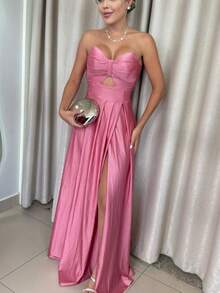 Women's Long Butterfly Dress, Strapless, Trilobal Fabric With Built-In Bra Cups | Party, Bridesmaid, Wedding, Graduation, Debutante | Adjustable Back, Sexy, Elegant, Party, Cutout/Cut, Asymmetrical Knot, Formal And Evening - 乾枯玫瑰色 - 查看 2