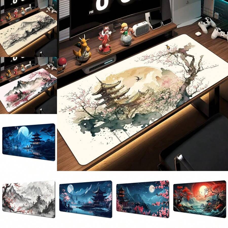 1件装水墨樱花宝塔风景大号鼠标垫桌面垫电脑配件游戏垫办公地毯鼠标垫 - 多色 - 查看 1