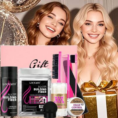 Bộ sản phẩm LOCKMIO 27.5g gồm bột sợi tạo độ dày tóc dành cho cả nam và nữ, dùng để trang điểm hoặc che khuyết điểm đường chân tóc thưa, kèm bình xịt, sáp vuốt tóc, sáp cứng làm mượt tóc xoăn, gel kiểm soát đường chân tóc/viền tóc và dụng cụ tạo kiểu. Hộp quà tặng ngày Valentine.