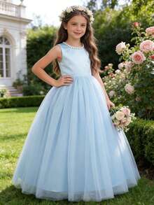 Girls' Elegant Blue Bowknot Pearl Backless Long Dress, Princess Gown For Flower Girl, Party, Wedding, Prom, Graduation, Easter, Vacation - 淺藍色 - 查看 5