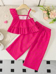 Summer Baby Girls' Cute & Fashionable Fuchsia Heart Print Asymmetric-Shoulder Ruffle Top & High Waist Loose Straight Pants Set - Hot Pink - View 2