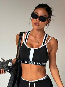 女士时尚纯色黑白可拆卸衬垫运动针织文胸 - 黑與白 - 查看 3