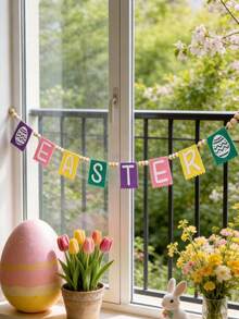 1 Stück Oster Buchstaben Banner Dekoration, buntes Oster Ei Muster Banner, Frühlingsfest Heim Dekoration, Buchstaben Wand Dekoration, sanfte Farbabstimmung, Filz Stil, Perlen Seil Dekorations Banner, geeignet für Wohnzimmer Kamin Regal Fenster Flur Party Dekoration, saisonale Feier Frühlings Thema Innen Dekoration, Fotografie Hintergrund Szene Präsentation - Verschiedenfarbig - Übersicht 7