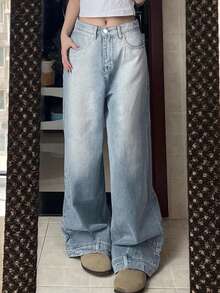 NVFelix Quần jeans nữ ống đứng cạp cao dáng rộng, dài, kiểu dáng thanh lịch thường ngày, có cúc và túi, thiết kế cạp và gấu quần chắc chắn, dáng dài không co giãn, phù hợp mặc mùa xuân hè, màu xanh dương, mẫu mới 2026. - Màu xanh lam - Xem 2
