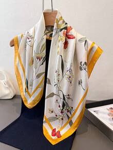 1件复古花卉印花轻薄女士真丝围巾披肩，适合海滩、街头、日常、度假、装饰等场合。 - FG315-3 黃邊 - 查看 6