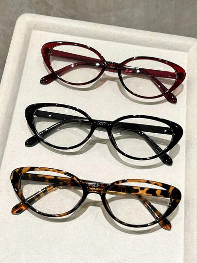 1/3pcs Women's Burgundy Cat Eye Computer Glasses, Solid Color Full Frame Rivet Casual Optical Glasses