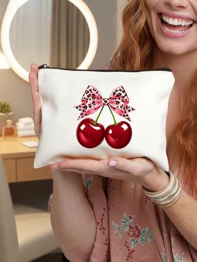 Pink Leopard Print Cherry Pattern Women Makeup Bag, Multifunctional Storage Pouch And Travel Cosmetic Bag, Wash Bag Coin Purse And Daily Organizer For Makeup Toiletries And Small Essentials, Portable Lightweight Zipper Pouch For Travel And Home Use, Cute Cherry Themed Girls Accessories And Cosmetic Stuff Pouch, Ideal Gift For Girlfriend And Mom, Birthday Gift, Ramadan Gift And Holiday Gift, Multiple Colors Available