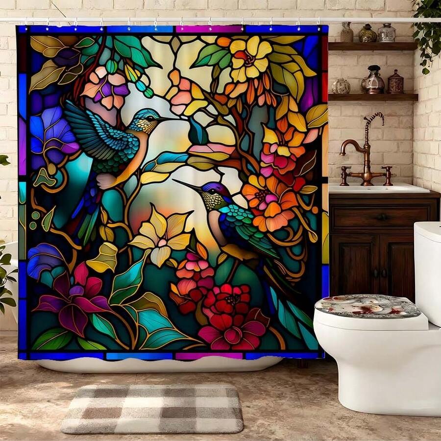 Colorful Artistic Print Waterproof Mildew-Resistant Weighted Bottom Shower Curtain, No Drilling Required, Painted Glass Style Hummingbird & Floral Pattern, Comfortable Bathroom Space - Red and Blue - View 1