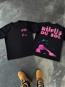 Abstract Graphic With Vibrant Pink Gradient Featuring RüFüS DU SOL Name Illustration Printed On A Men's Tee Regular Fit Breathable Soft 220g Mens Tshirt Men Tshirt Funny T Shirt Valentine's Day,Printed & Shipped In USA - màu đen - Xem 1