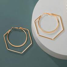 1 par de pendientes colgantes geométricos de metal con doble círculo exagerado, adecuados para mujeres en vacaciones y uso diario - Pendientes hexagonales - Ver 3