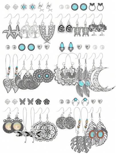 TopHanqi 波西米亞復古銀色合金女式時尚耳環套裝，下垂式耳環和耳釘套裝，裝飾有蜻蜓/烏龜/海星/生命樹紋飾，鑲嵌有綠松石，採用中空葉子設計，適合日常穿著，工作、派對、送禮，多種搭配