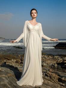 Elegant Chiffon Long Wedding Dress With Deep V-Neck Embroidery, Bohemian Style Long Sleeve Romantic Bridal Gown, Suitable For Party Wear - White - View 2