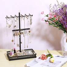 Meangood Jewelry Tree Stand Organizer 3in1 Necklace Organizer Display Bracelet Earrings And Ring Tray Jewelry Holder Hanger Metal(Black) - 黑色 - 查看 3