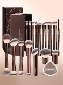 MAANGE 20/21/22/28 piezas Juego de brochas de maquillaje, que incluye 20/24 piezas de brochas de maquillaje profesionales con tubo de aluminio + esponja de maquillaje + caja de almacenamiento, que contiene brocha para rubor, brocha para polvo, brocha para sombra de ojos, brocha para corrector, brocha para iluminador, brocha para contorno, brocha para cejas, brocha difuminadora, brocha para base, juego de herramientas de maquillaje, accesorios de maquillaje como regalo para mujeres y niñas - Marrón - Ver 12