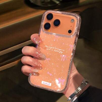 Fashionable Glitter Bowknot Letter Pattern Transparent Shockproof Protective Phone Case, Compatible With IPhone 17/17 Pro/17 Pro Max/17 Air/16/11/16 Pro/16 Plus/16 Pro Max/16e/15 Pro Max/13/14/12/11/7G/8P, Ideal Choice For Fashion Enthusiasts, Minimalist And Stylish