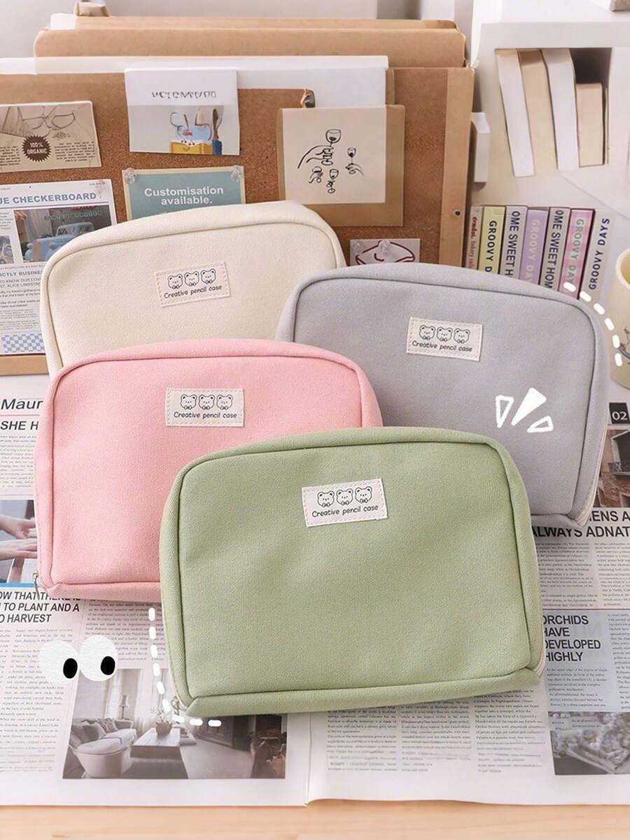 1pc Large Capacity Bear Canvas Pencil Case, Multi-Function Organizer Pouch, Compartment Stationery Bag, Suitable For Back To School - Single Piece - View 1